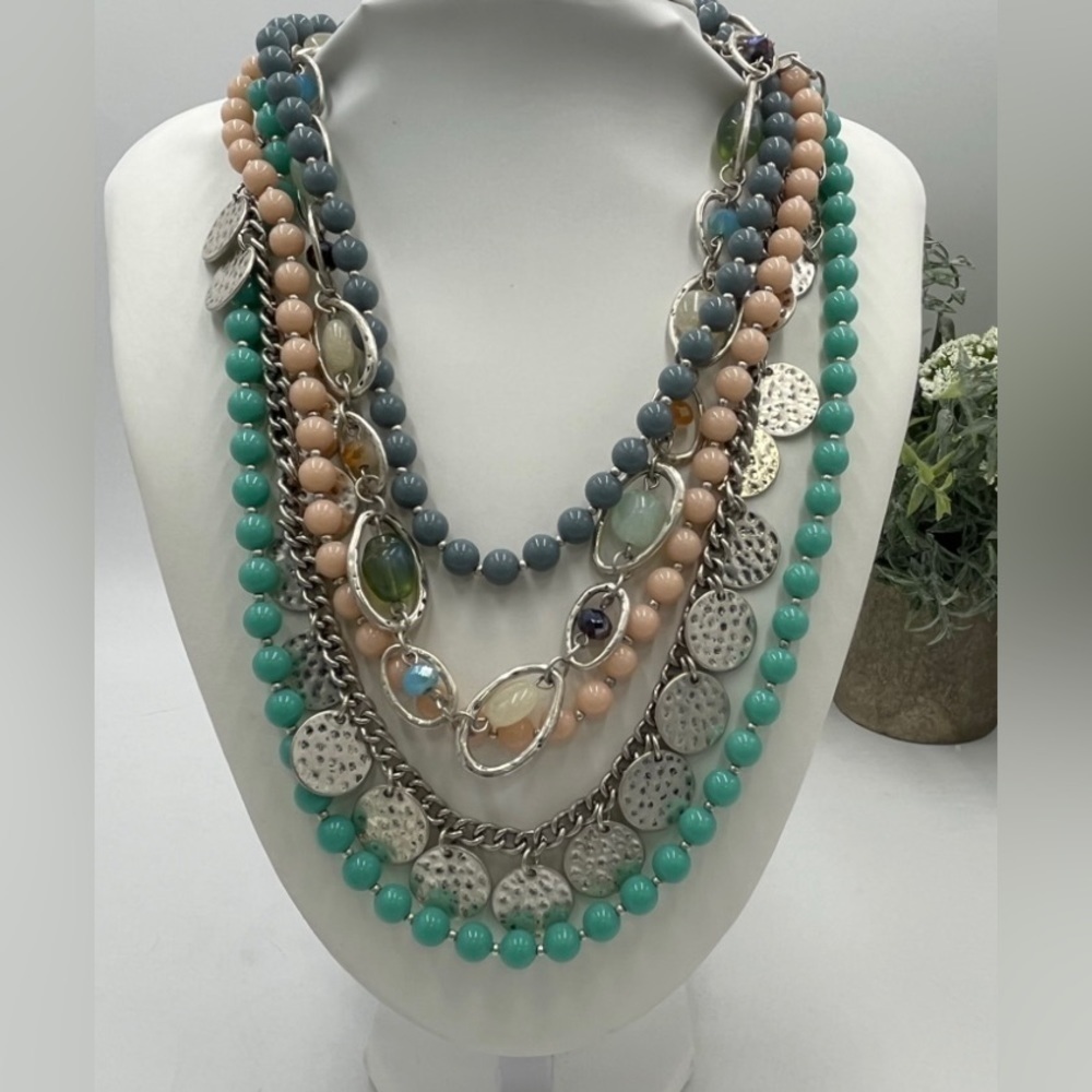 Gypsy Bohemian Hippie Multi Waterfall Necklace pastel Silver tone‎ “sugar rush”